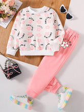 Young Girls Floral Pattern Print Crew Neck Sweatshirt & Sports Pants Set